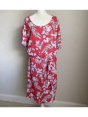 Worthington Dress Womens 2X Red w White Floral Belted Summer
